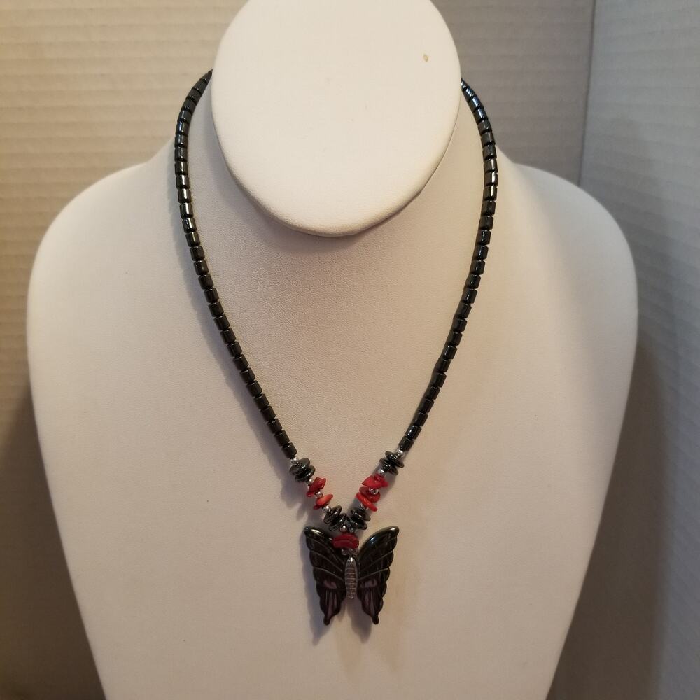 Butterfly hematite pendant necklace with red chip beads & silver color beads 16"